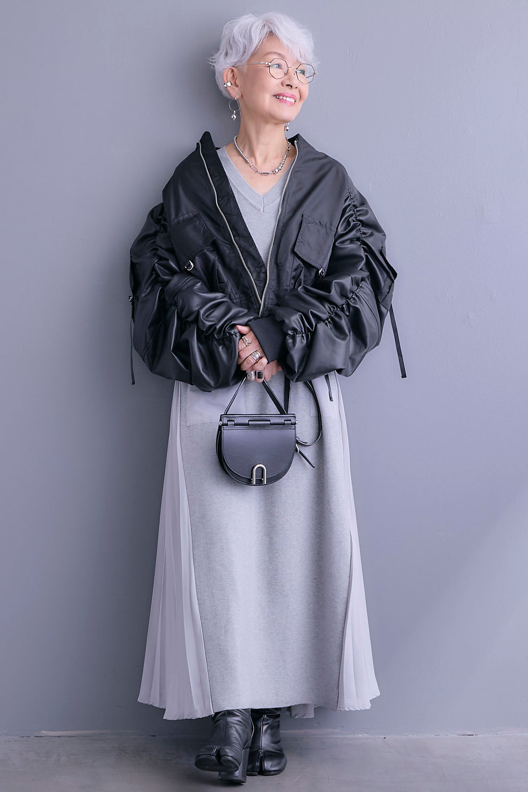 【SET】エコレザーシャーリングスリーブMA-1ブルゾン+ZIPポケットサイドプリーツニットワンピース(2set)