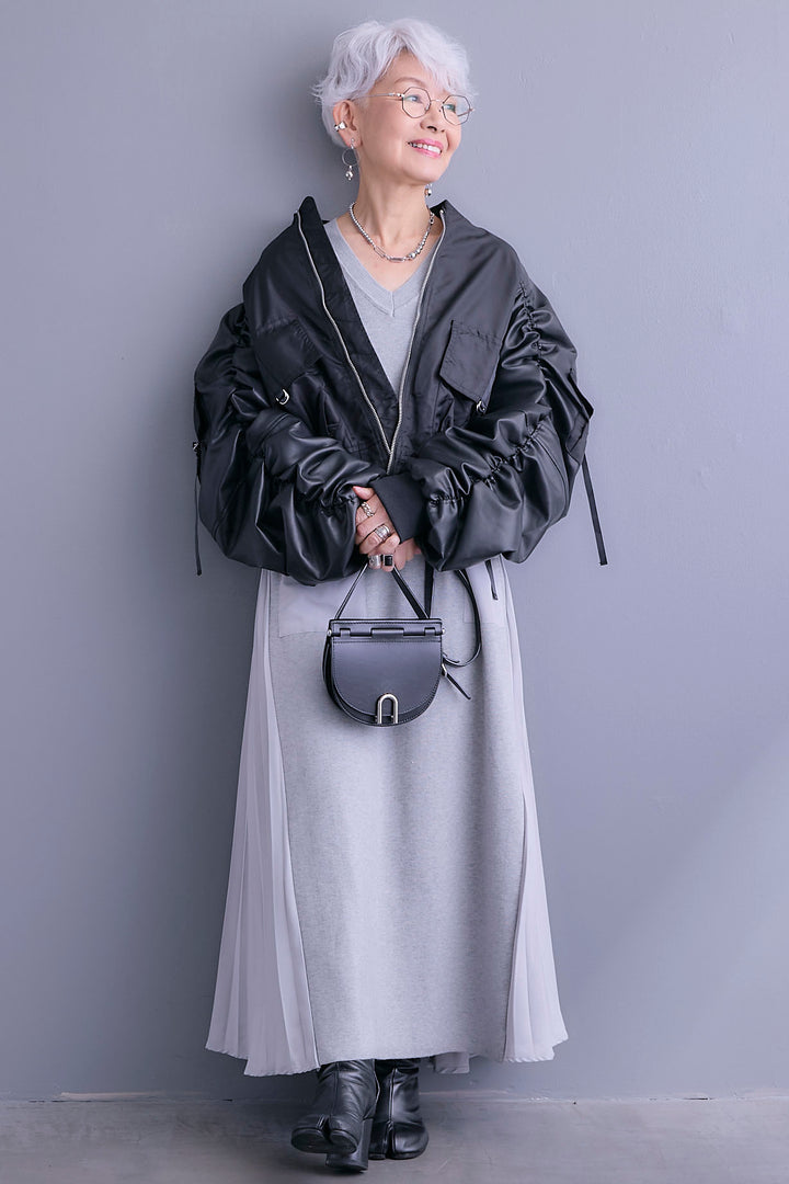 【SET】エコレザーシャーリングスリーブMA-1ブルゾン+ZIPポケットサイドプリーツニットワンピース(2set)