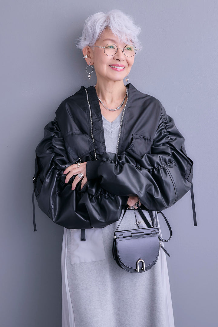 【SET】エコレザーシャーリングスリーブMA-1ブルゾン+ZIPポケットサイドプリーツニットワンピース(2set)