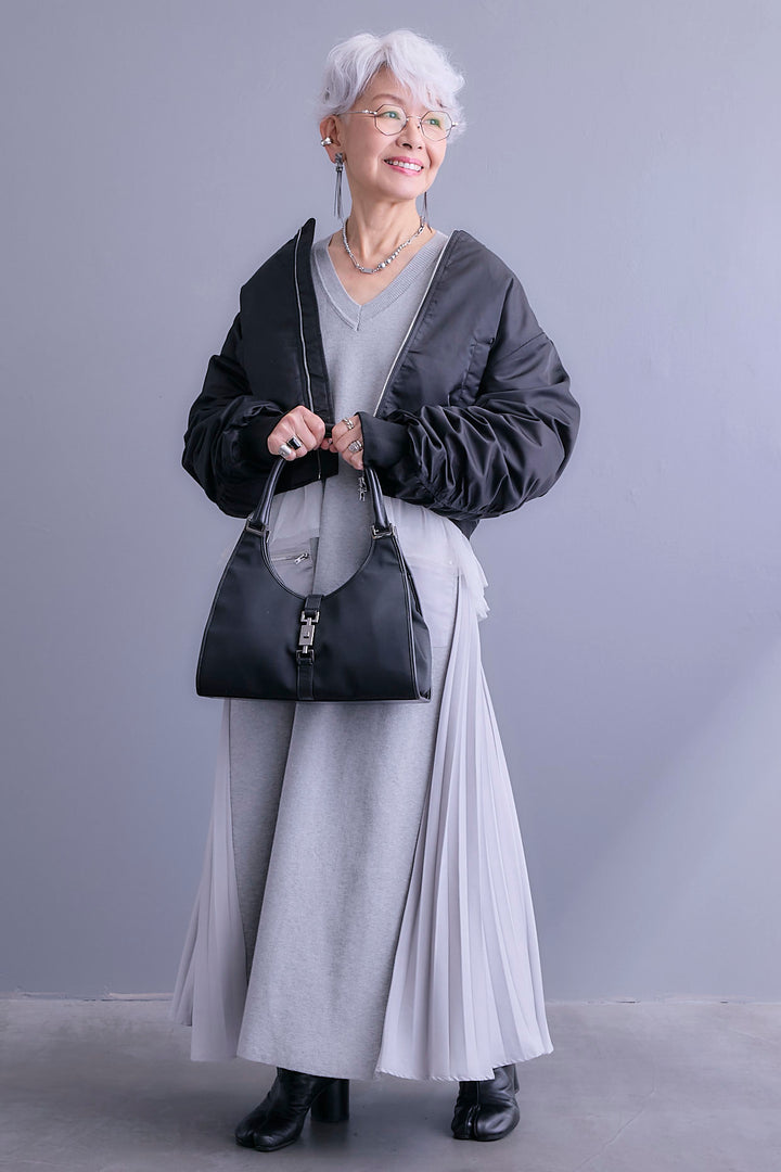 【SET】チュールドッキングナイロンオックスMA-1ジャケット【2WAY】+ZIPポケットサイドプリーツニットワンピース(2set)