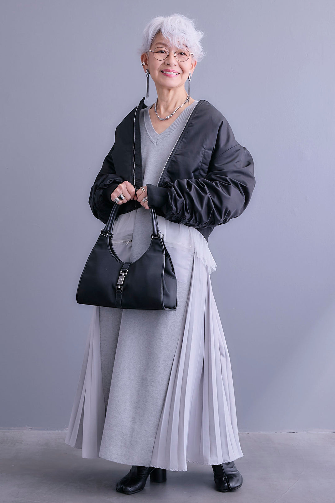 【SET】チュールドッキングナイロンオックスMA-1ジャケット【2WAY】+ZIPポケットサイドプリーツニットワンピース(2set)