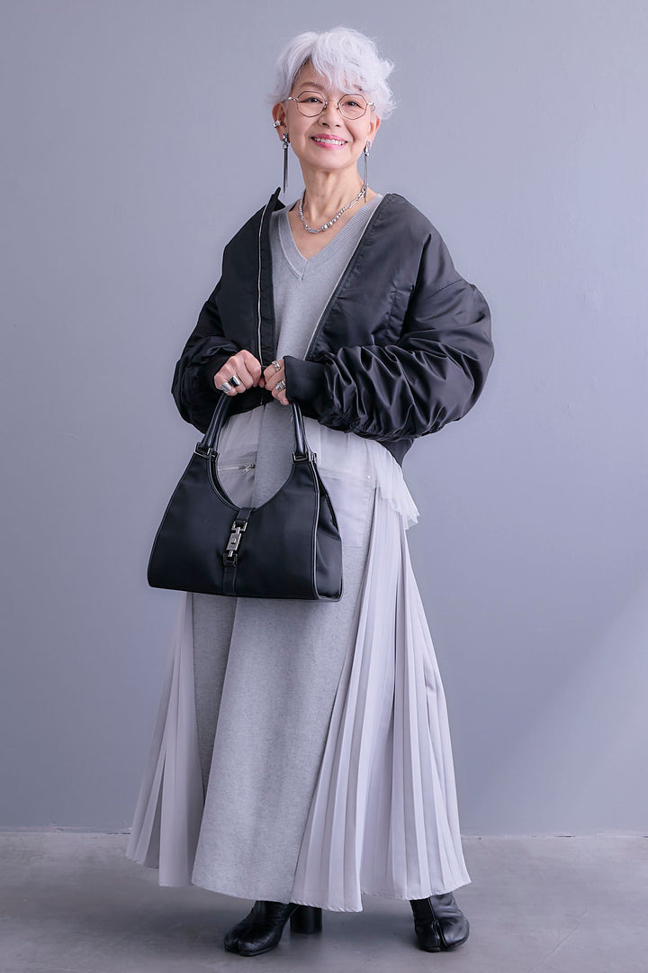 【SET】チュールドッキングナイロンオックスMA-1ジャケット【2WAY】+ZIPポケットサイドプリーツニットワンピース(2set)