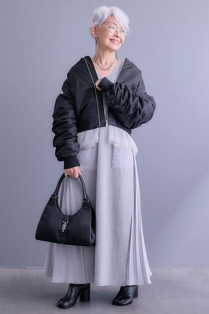 【SET】チュールドッキングナイロンオックスMA-1ジャケット【2WAY】+ZIPポケットサイドプリーツニットワンピース(2set)