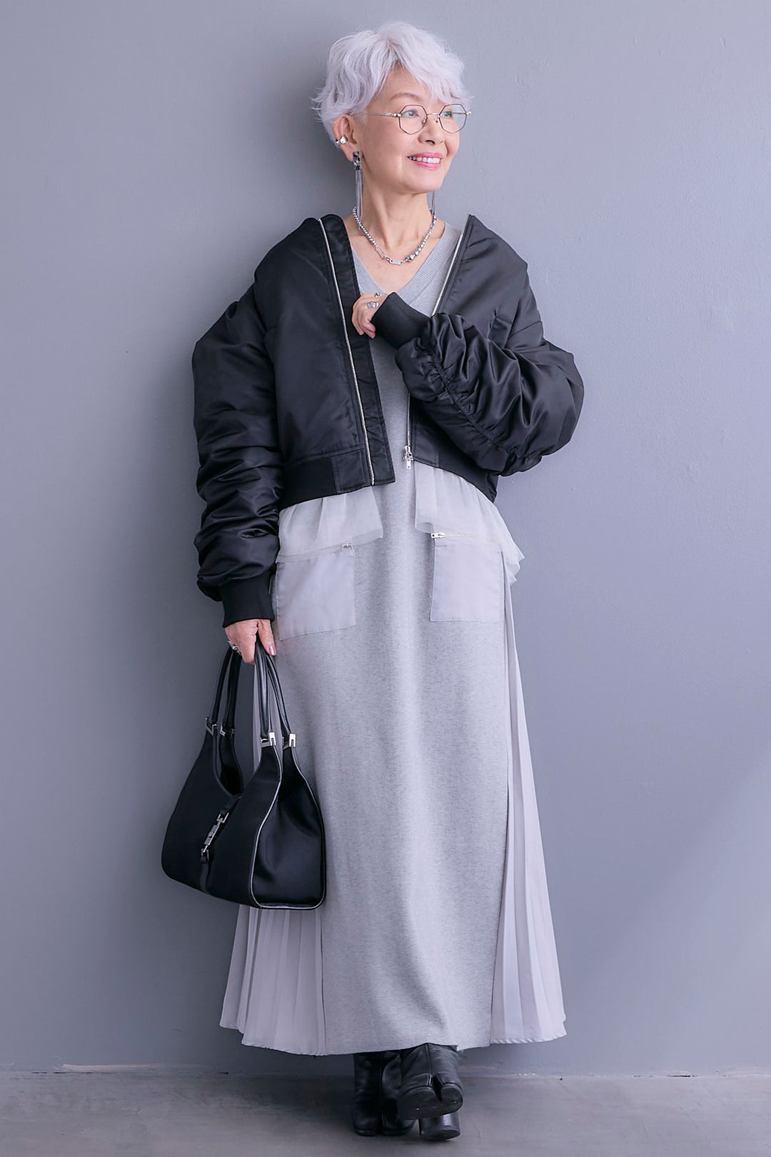 【SET】チュールドッキングナイロンオックスMA-1ジャケット【2WAY】+ZIPポケットサイドプリーツニットワンピース(2set)