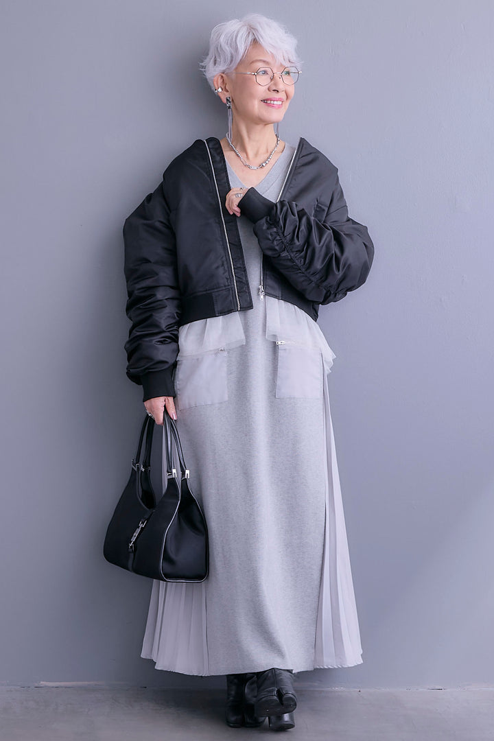 【SET】チュールドッキングナイロンオックスMA-1ジャケット【2WAY】+ZIPポケットサイドプリーツニットワンピース(2set)