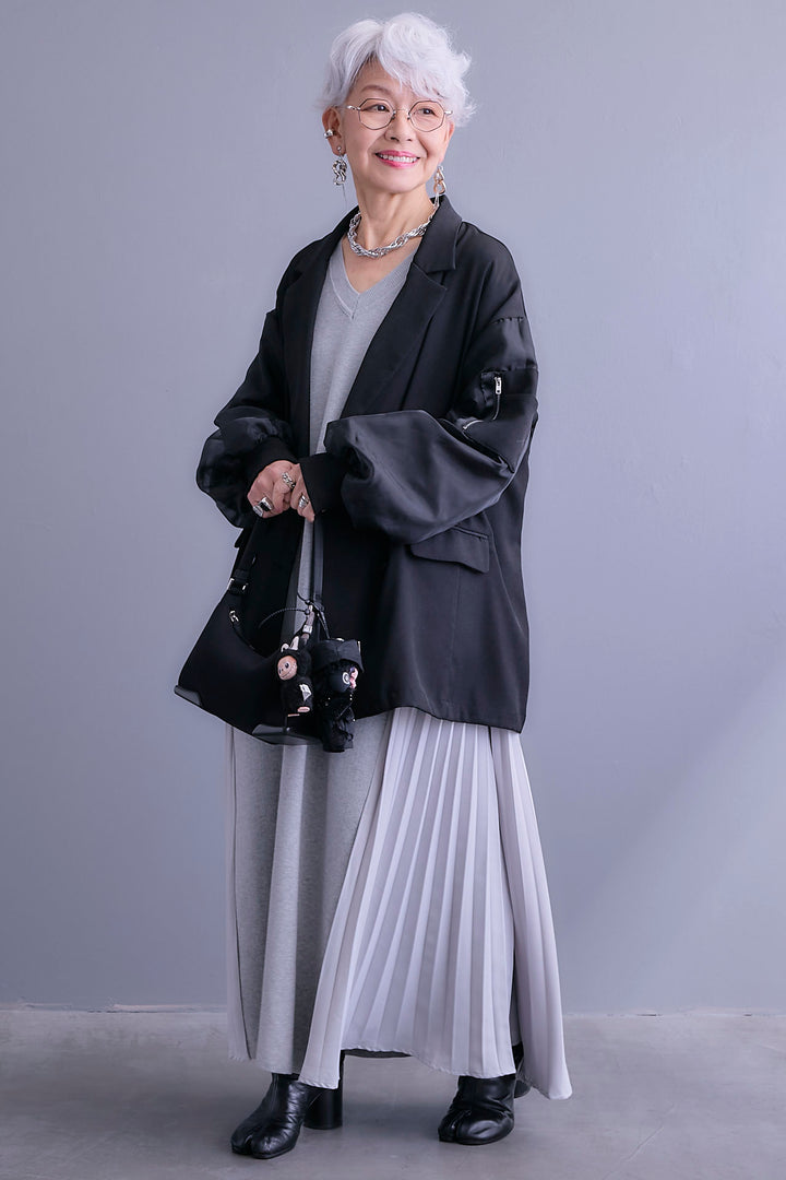 【SET】チュールレイヤードMA-1ジャケット+ZIPポケットサイドプリーツニットワンピース(2set)