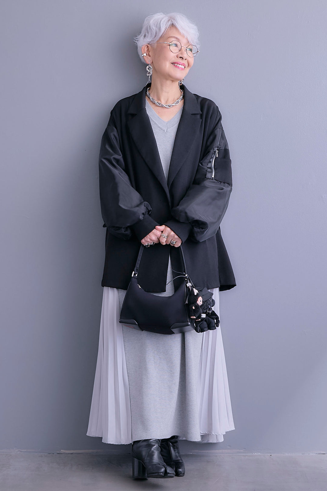 【SET】チュールレイヤードMA-1ジャケット+ZIPポケットサイドプリーツニットワンピース(2set)