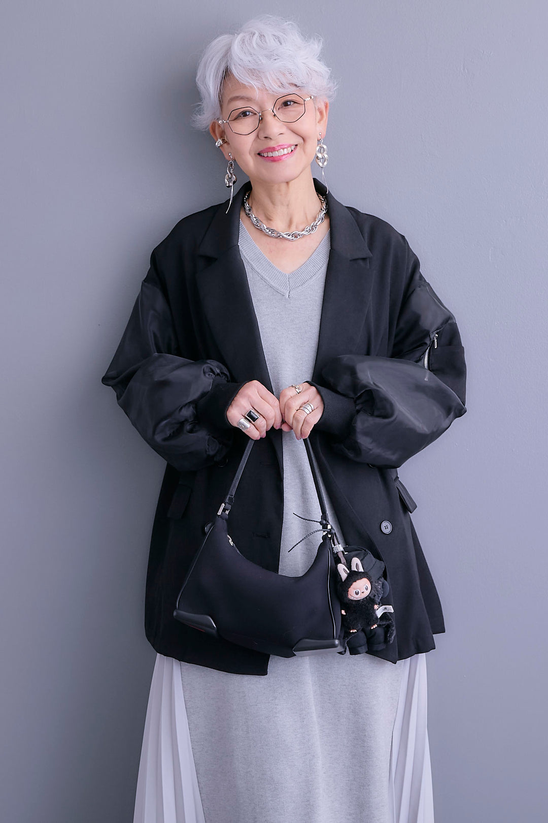 【SET】チュールレイヤードMA-1ジャケット+ZIPポケットサイドプリーツニットワンピース(2set)