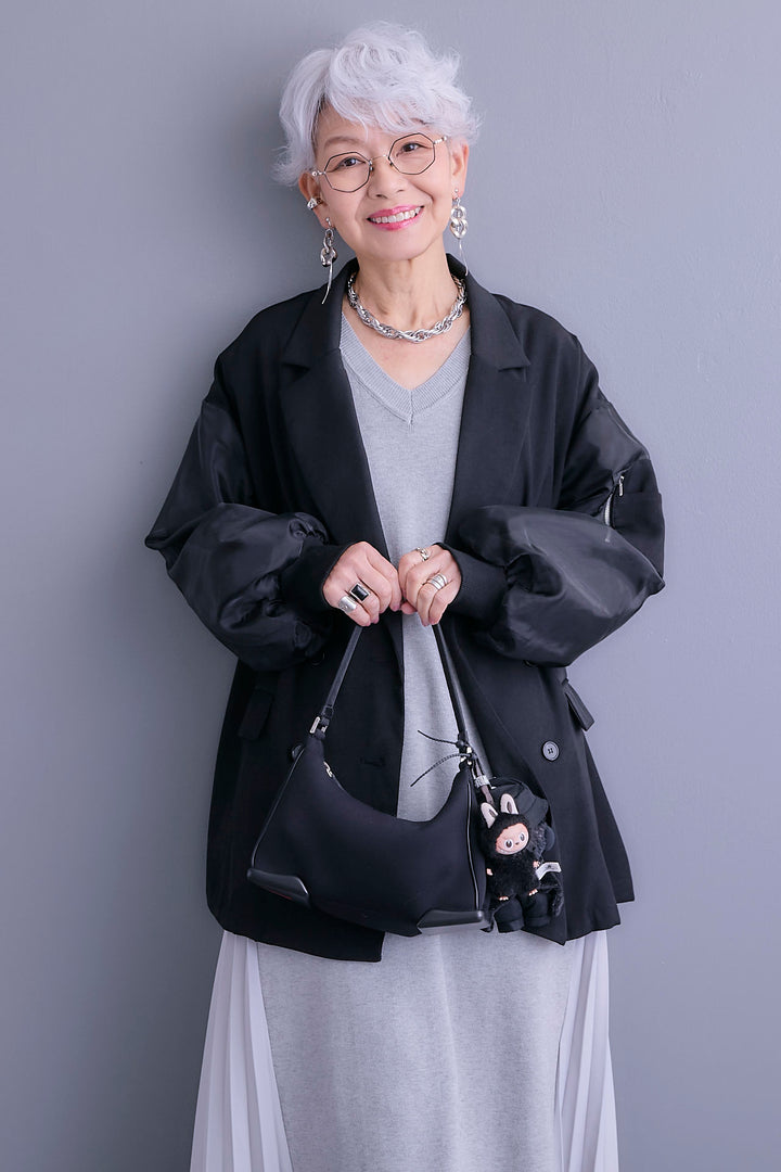 【SET】チュールレイヤードMA-1ジャケット+ZIPポケットサイドプリーツニットワンピース(2set)