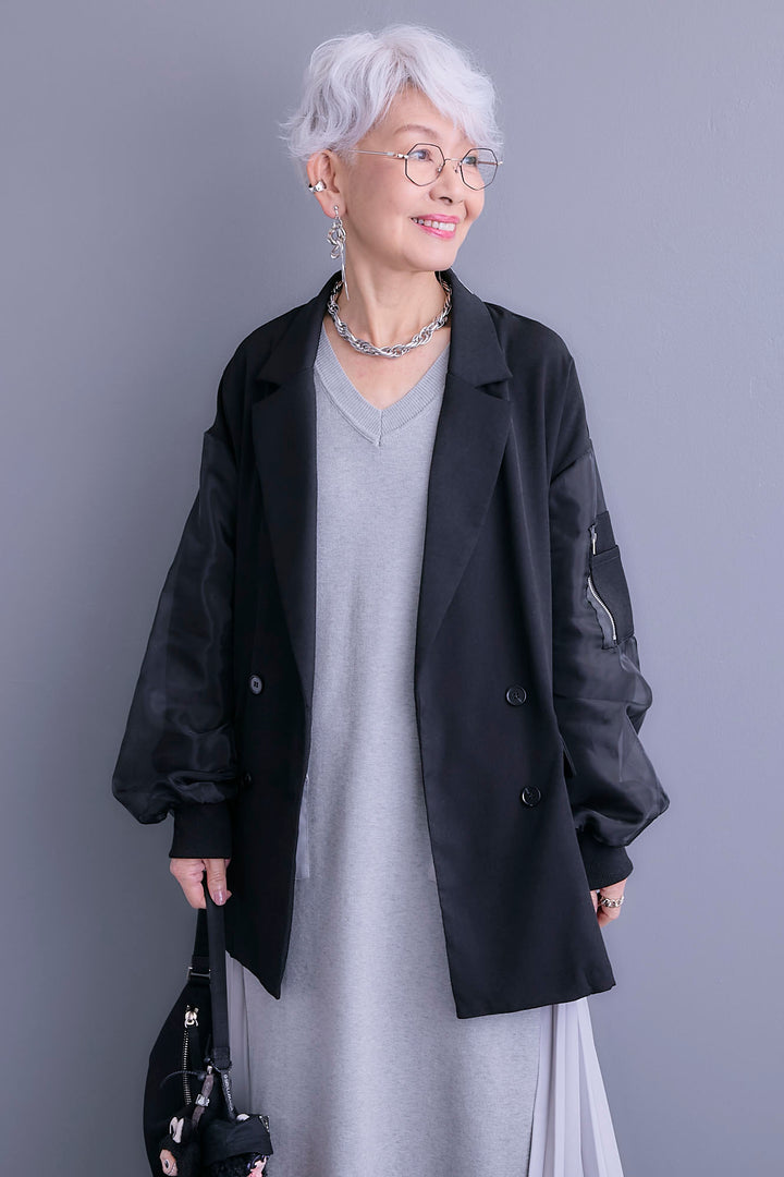 【SET】チュールレイヤードMA-1ジャケット+ZIPポケットサイドプリーツニットワンピース(2set)