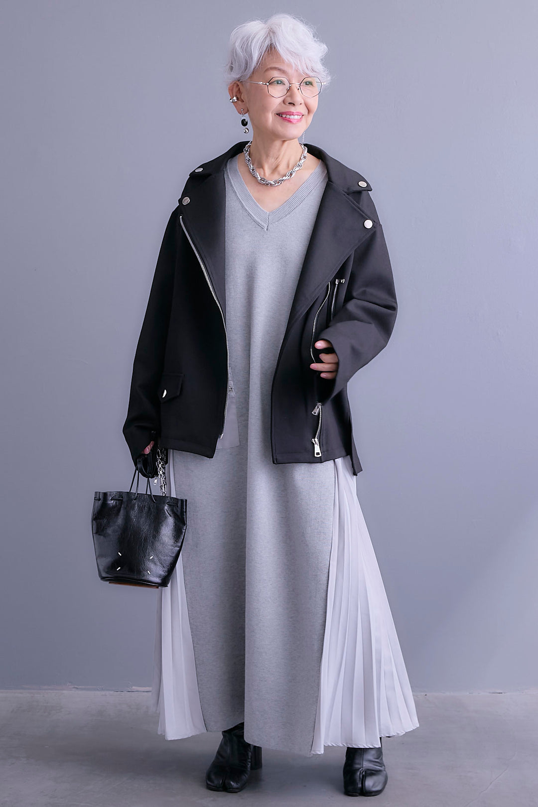 【SET】ライダースデザインジャケット+ZIPポケットサイドプリーツニットワンピース(2set)