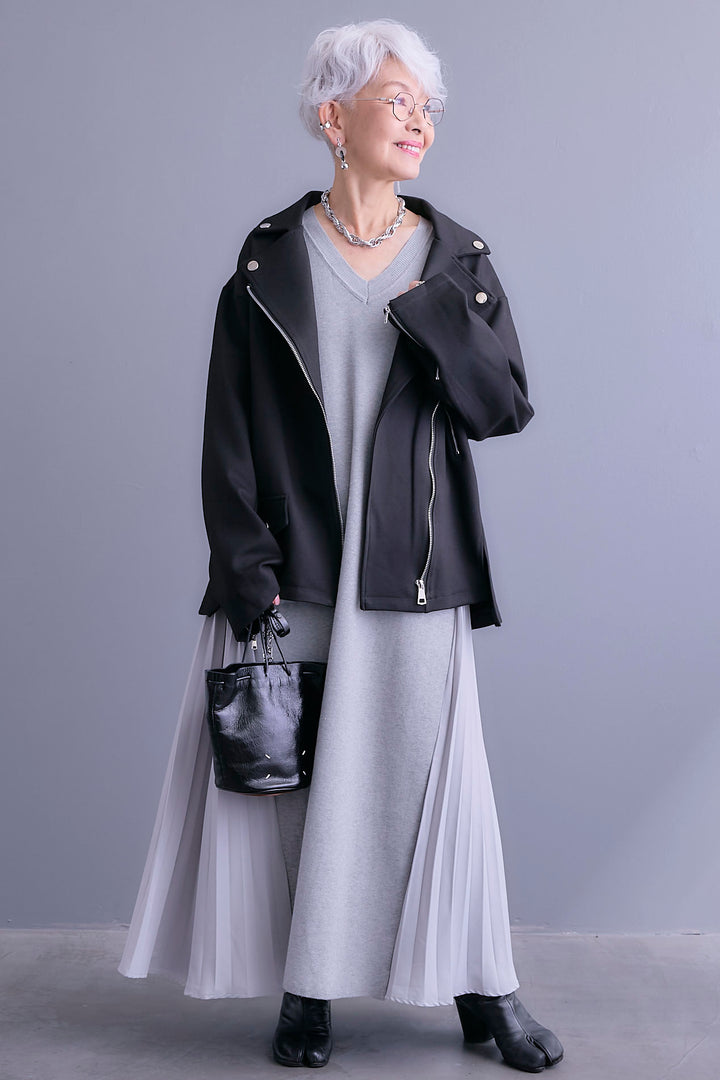 【SET】ライダースデザインジャケット+ZIPポケットサイドプリーツニットワンピース(2set)