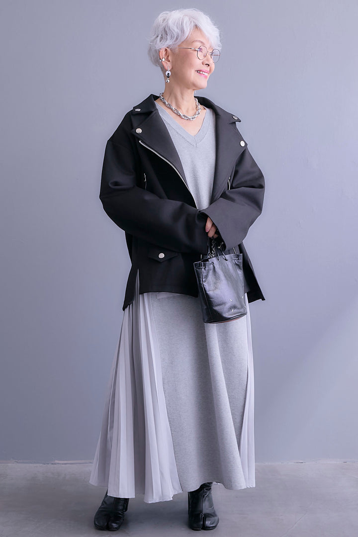 【SET】ライダースデザインジャケット+ZIPポケットサイドプリーツニットワンピース(2set)