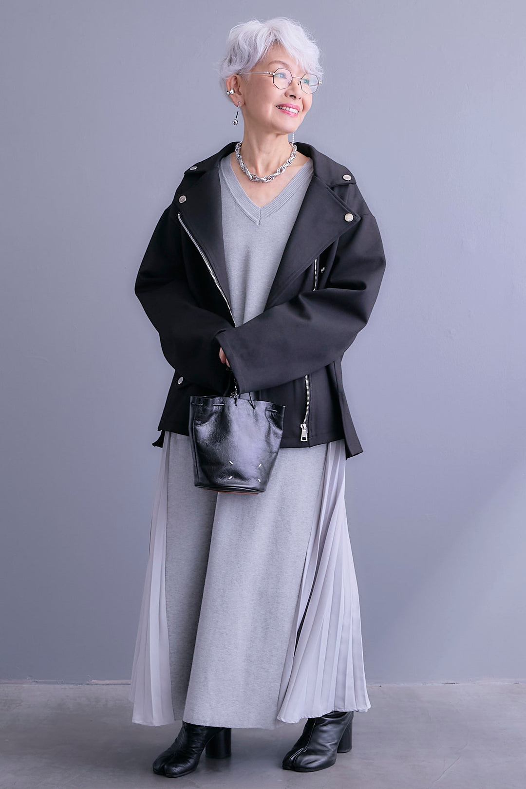 【SET】ライダースデザインジャケット+ZIPポケットサイドプリーツニットワンピース(2set)