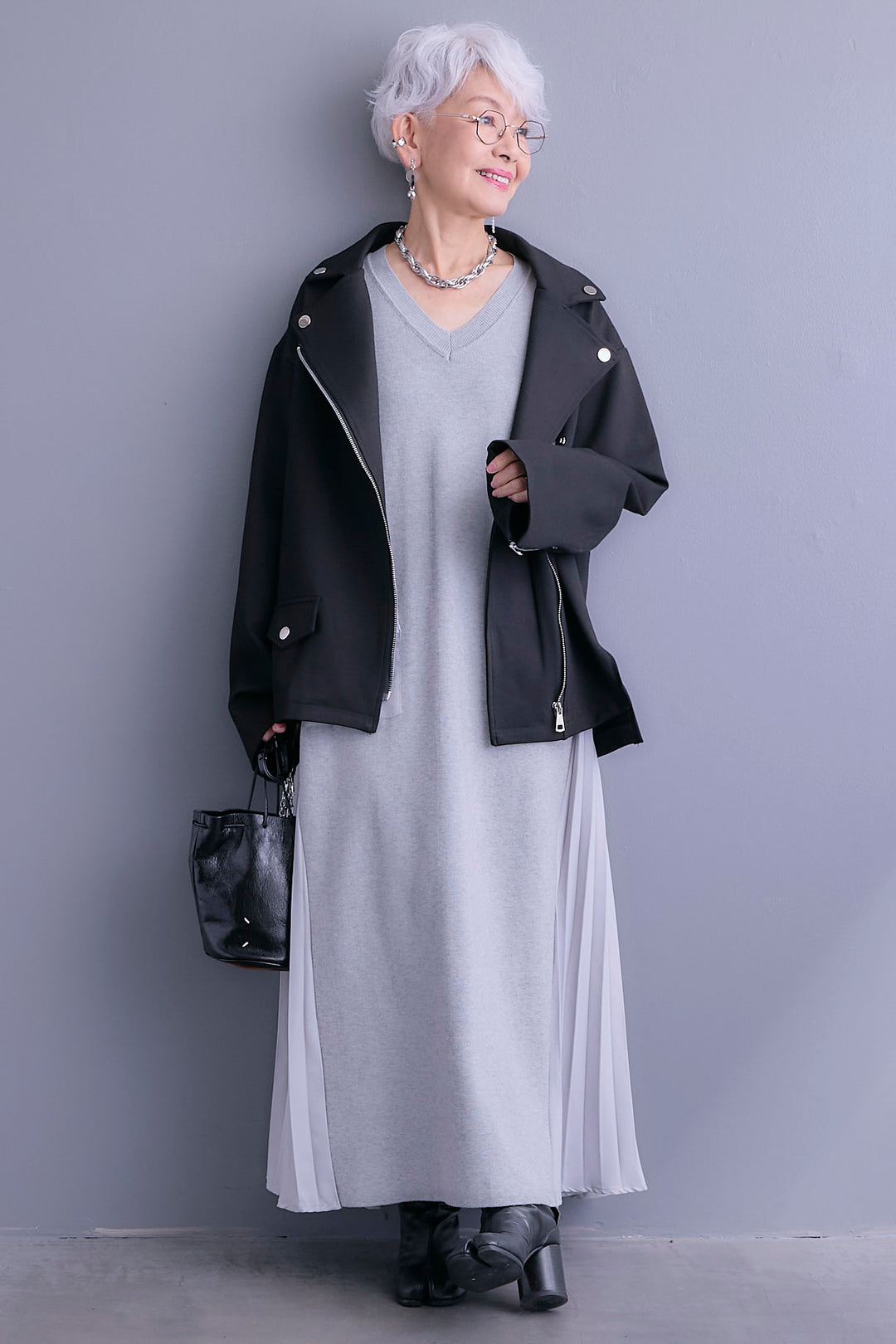 【SET】ライダースデザインジャケット+ZIPポケットサイドプリーツニットワンピース(2set)