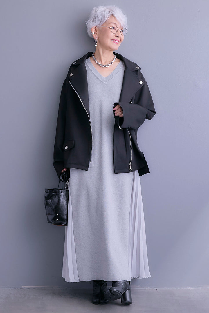 【SET】ライダースデザインジャケット+ZIPポケットサイドプリーツニットワンピース(2set)