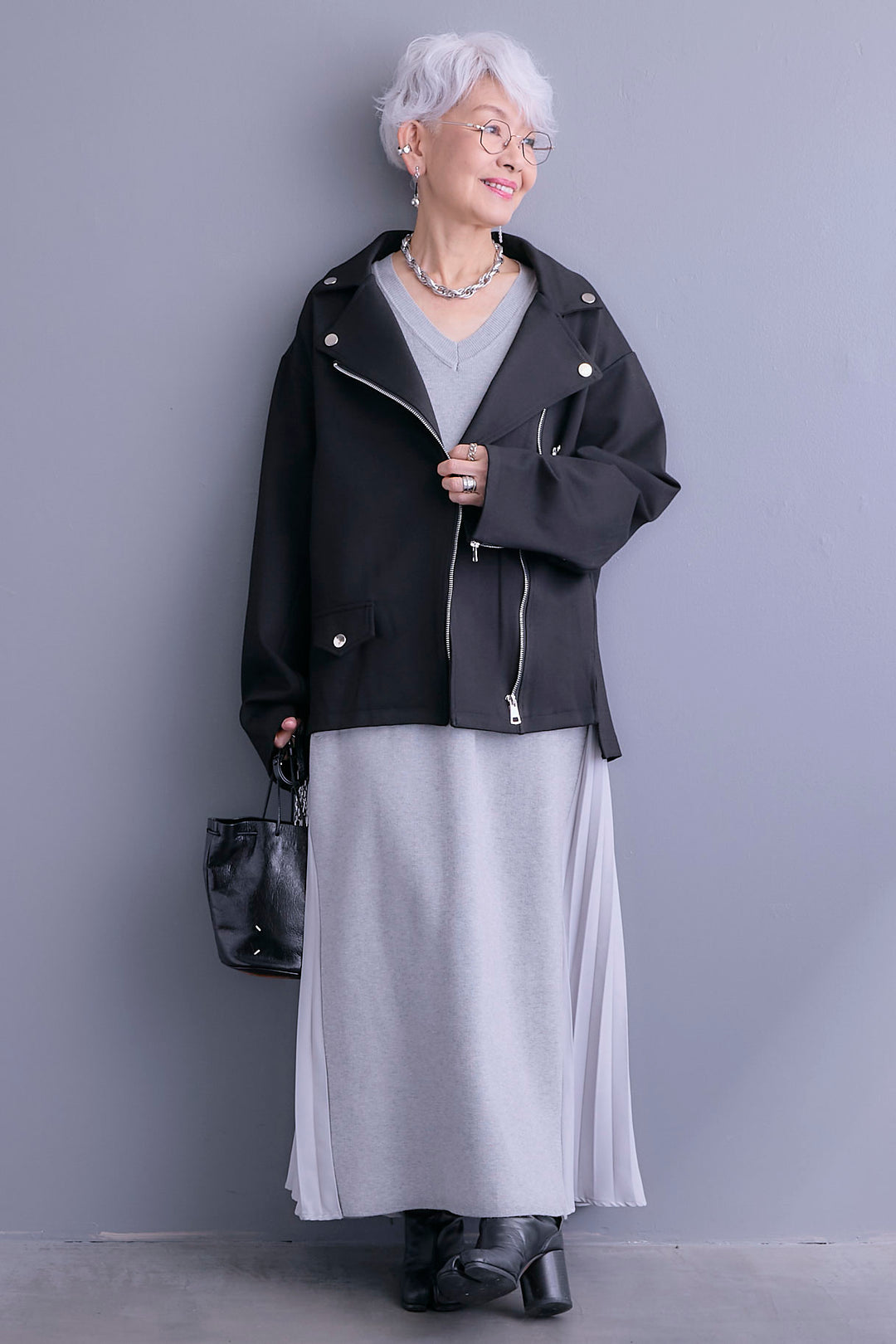 【SET】ライダースデザインジャケット+ZIPポケットサイドプリーツニットワンピース(2set)