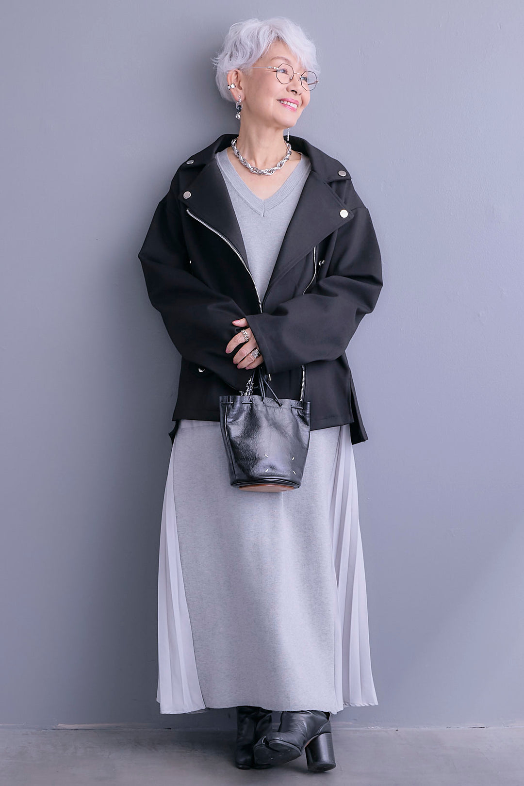 【SET】ライダースデザインジャケット+ZIPポケットサイドプリーツニットワンピース(2set)