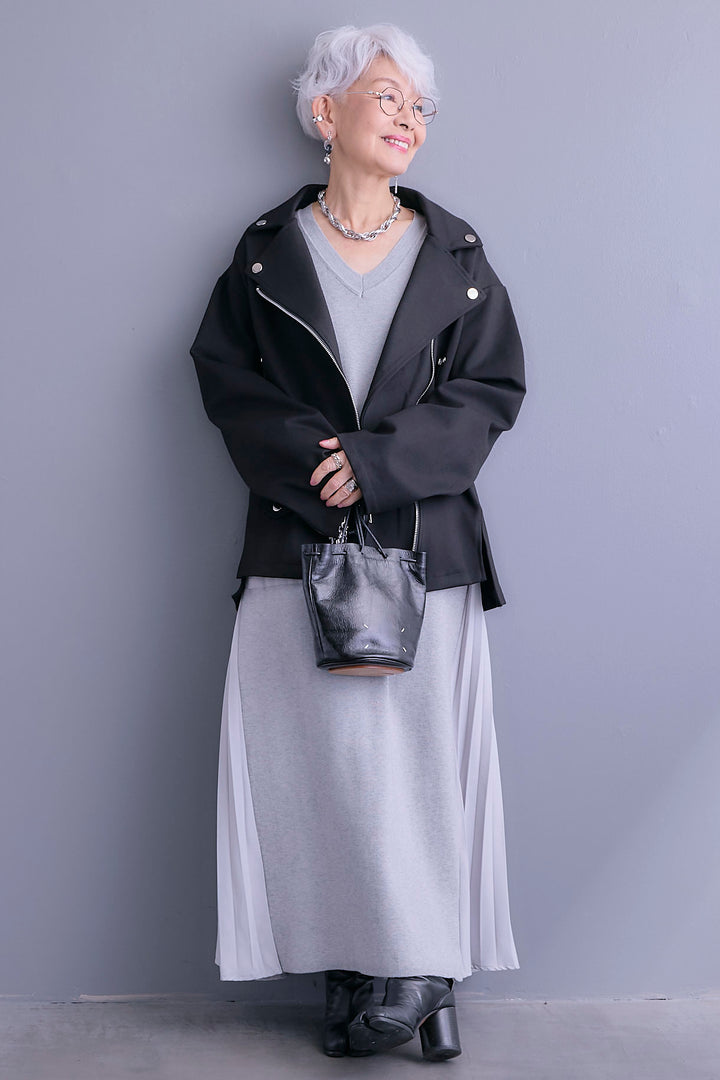 【SET】ライダースデザインジャケット+ZIPポケットサイドプリーツニットワンピース(2set)