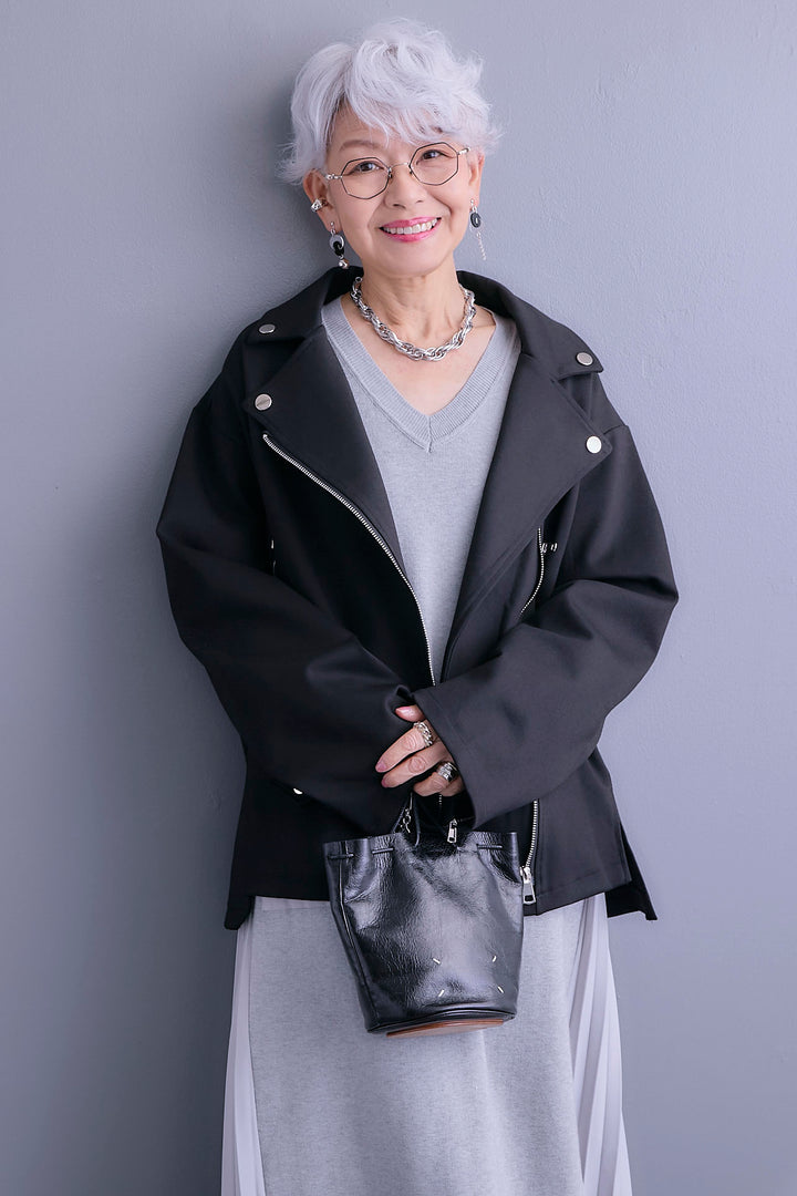 【SET】ライダースデザインジャケット+ZIPポケットサイドプリーツニットワンピース(2set)