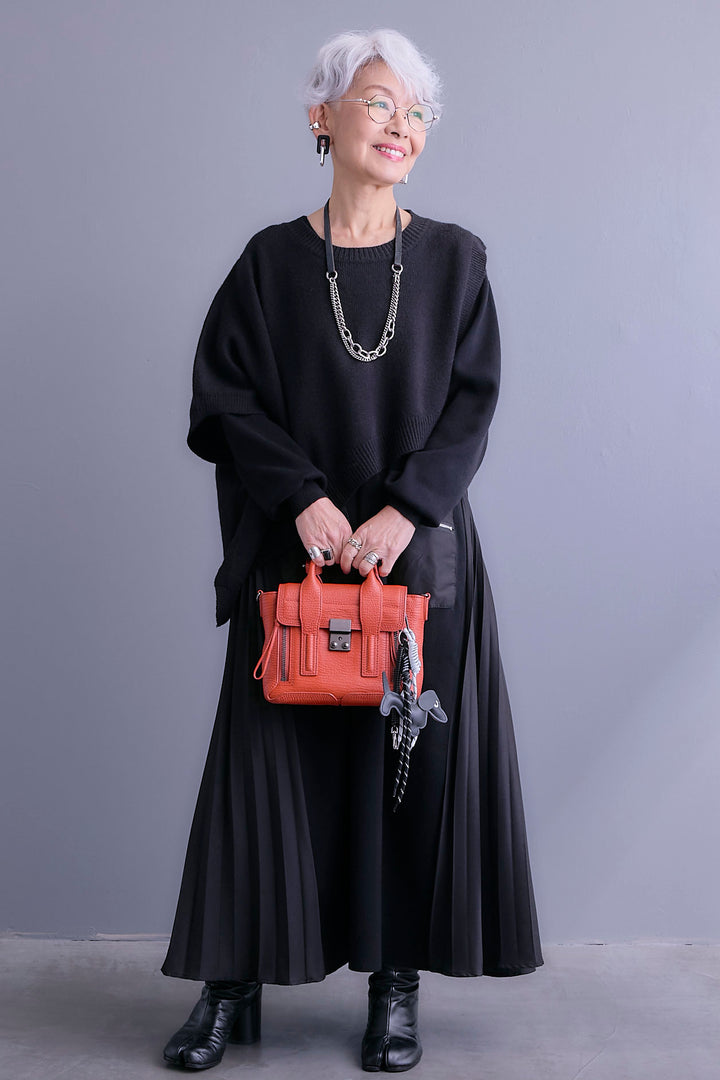 【SET】ケープライクアシンメトリーニットベスト+ZIPポケットサイドプリーツニットワンピース(2set)