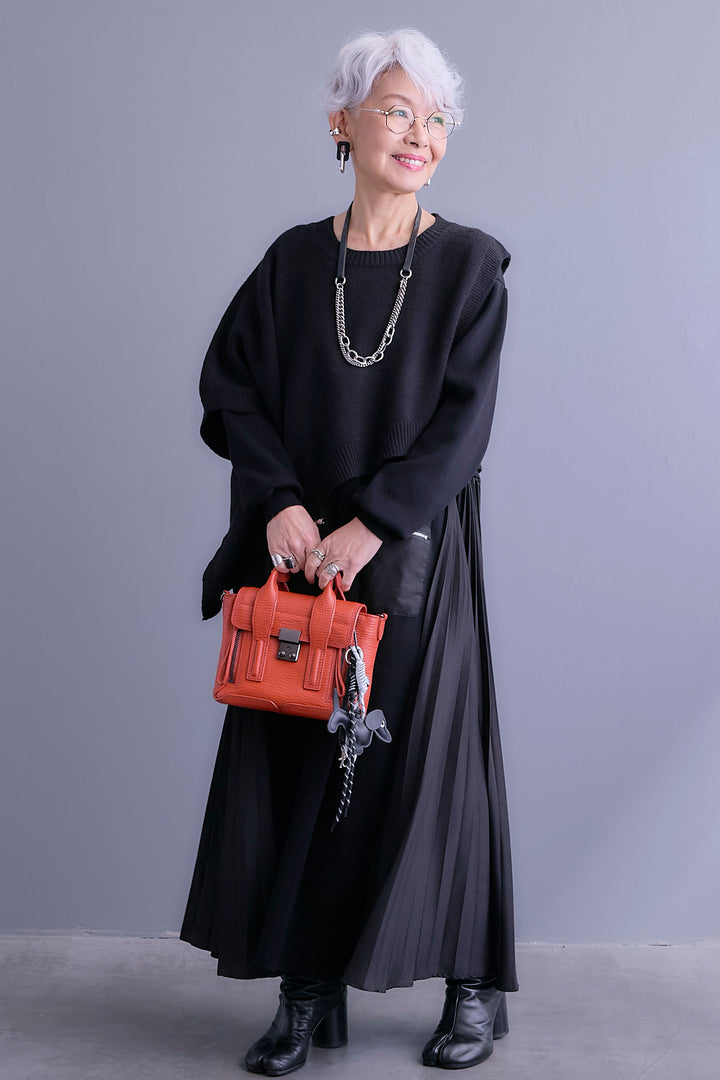 【SET】ケープライクアシンメトリーニットベスト+ZIPポケットサイドプリーツニットワンピース(2set)