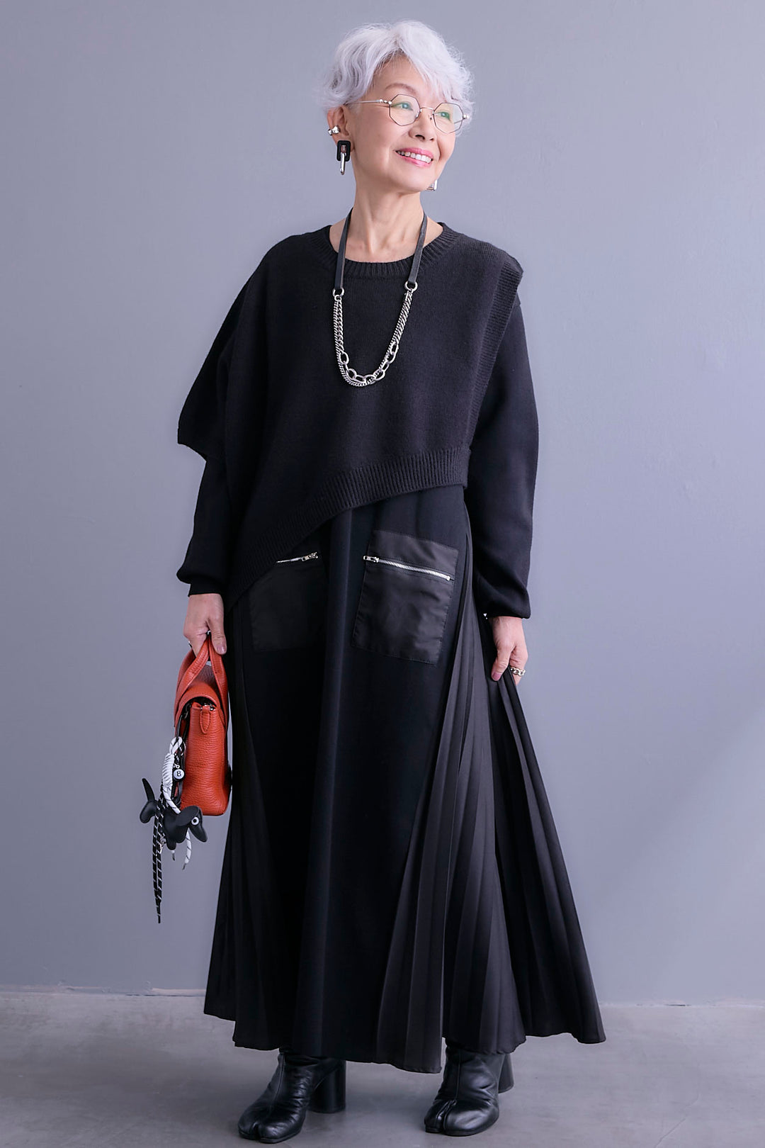 【SET】ケープライクアシンメトリーニットベスト+ZIPポケットサイドプリーツニットワンピース(2set)