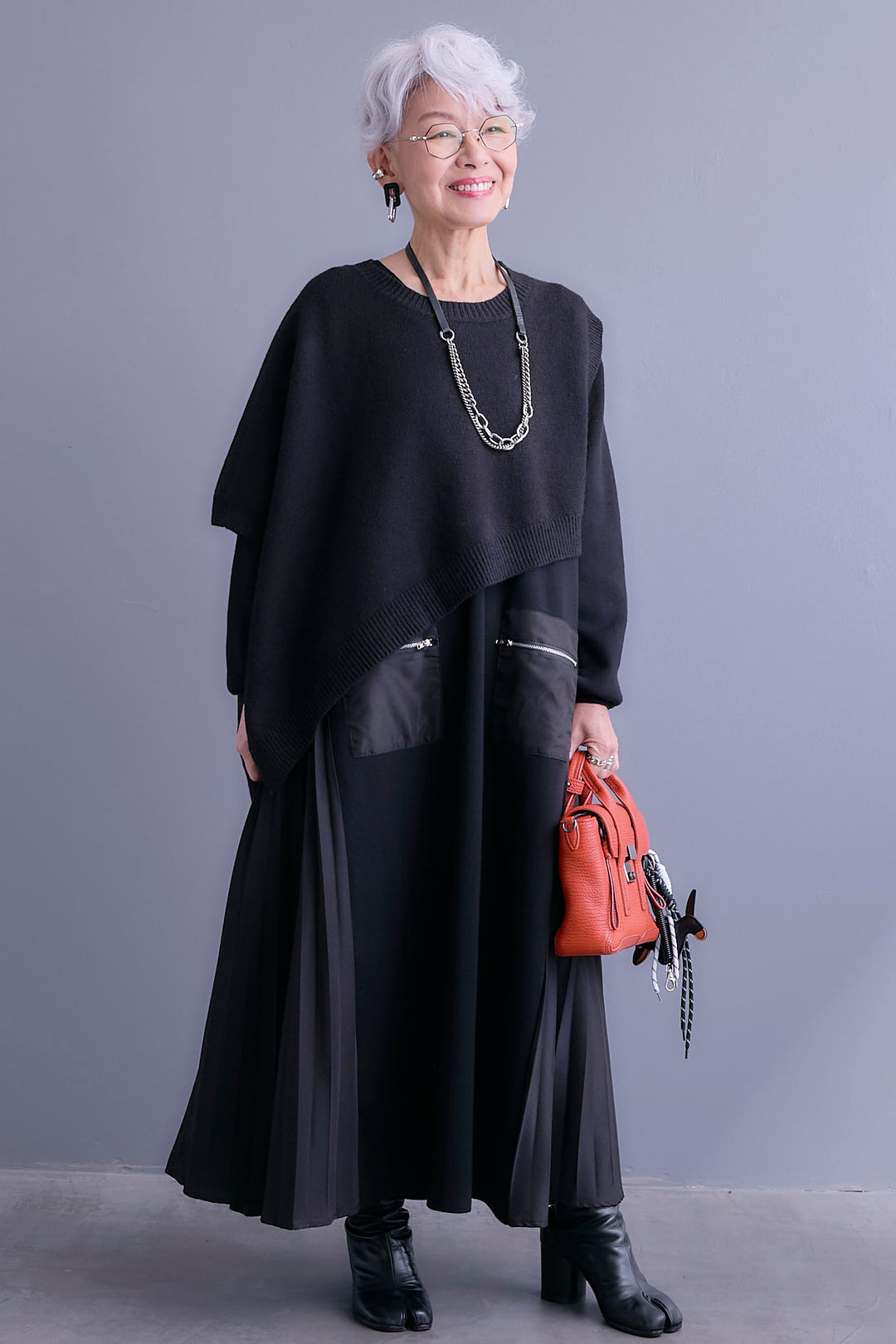 【SET】ケープライクアシンメトリーニットベスト+ZIPポケットサイドプリーツニットワンピース(2set)