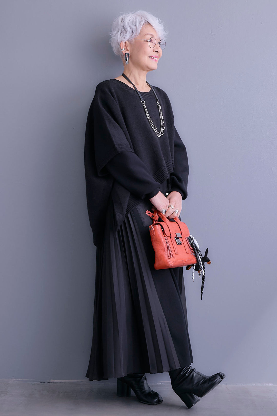 【SET】ケープライクアシンメトリーニットベスト+ZIPポケットサイドプリーツニットワンピース(2set)