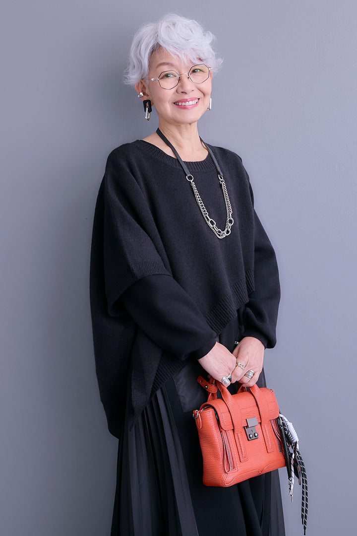 【SET】ケープライクアシンメトリーニットベスト+ZIPポケットサイドプリーツニットワンピース(2set)