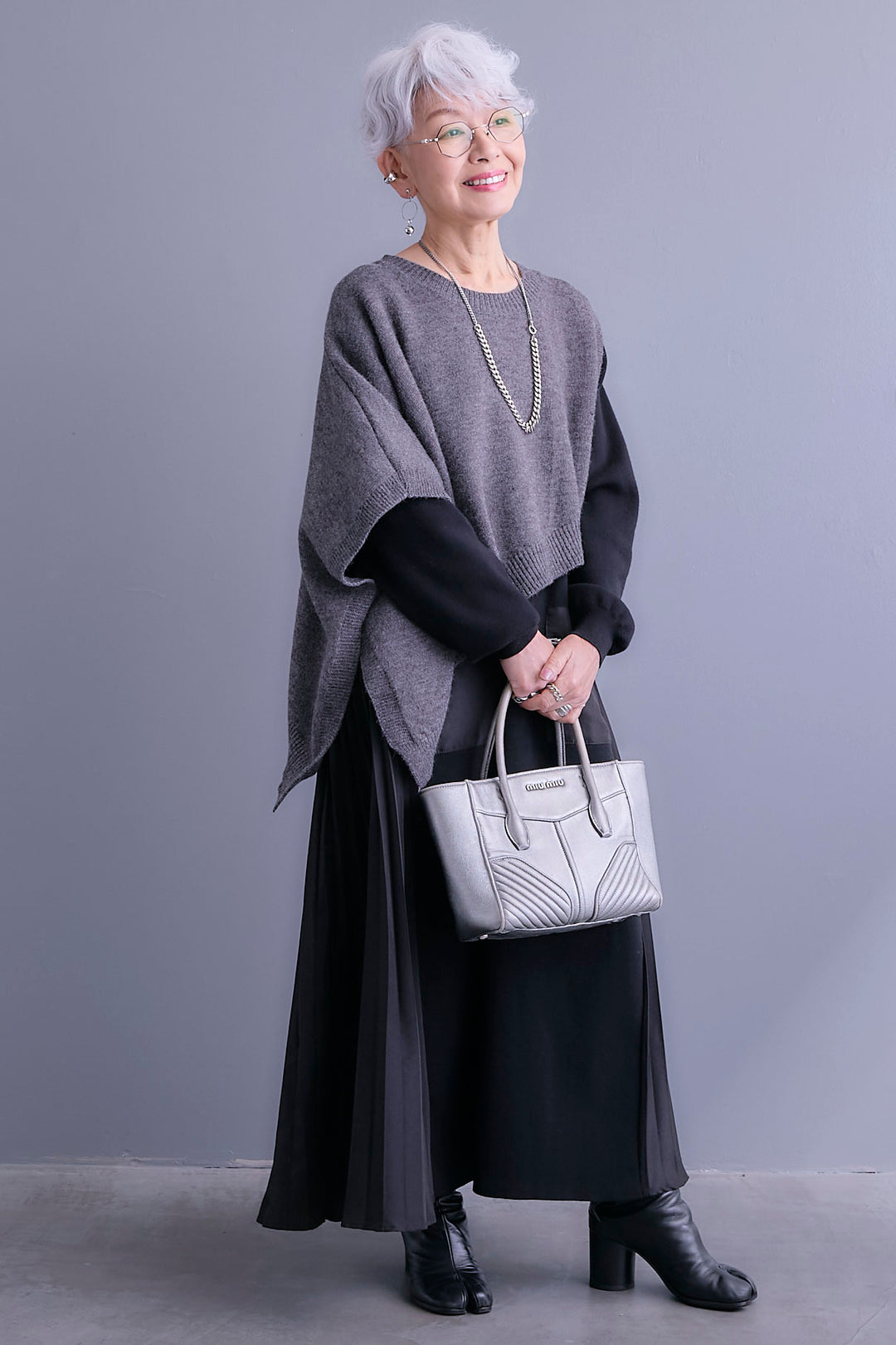 【SET】ケープライクアシンメトリーニットベスト+ZIPポケットサイドプリーツニットワンピース(2set)