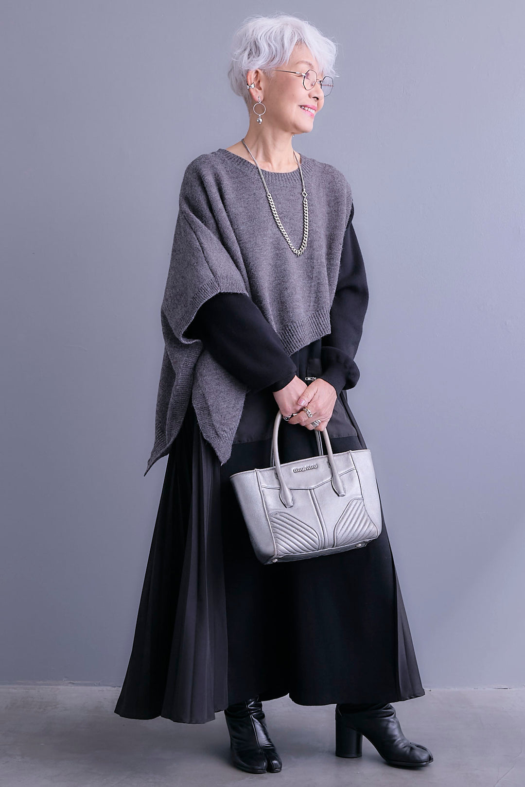 【SET】ケープライクアシンメトリーニットベスト+ZIPポケットサイドプリーツニットワンピース(2set)