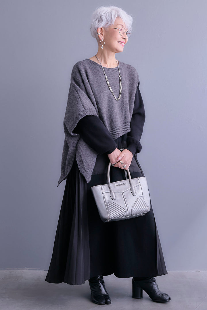 【SET】ケープライクアシンメトリーニットベスト+ZIPポケットサイドプリーツニットワンピース(2set)