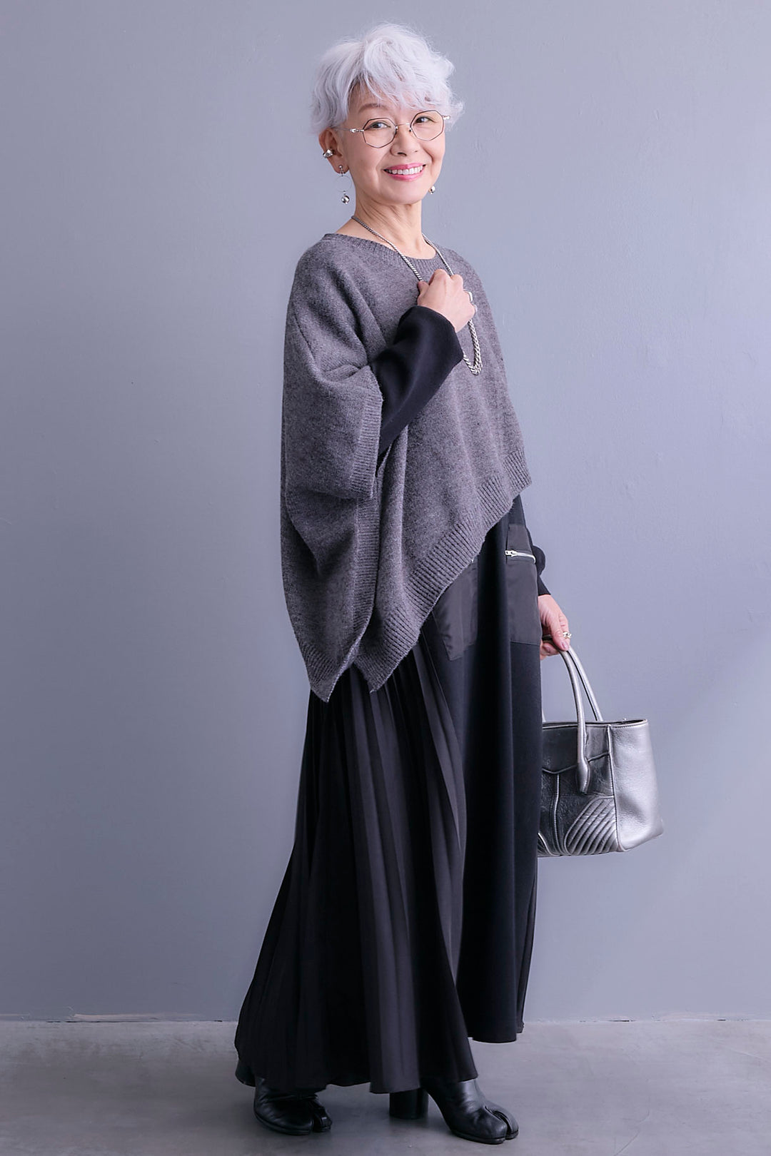 【SET】ケープライクアシンメトリーニットベスト+ZIPポケットサイドプリーツニットワンピース(2set)