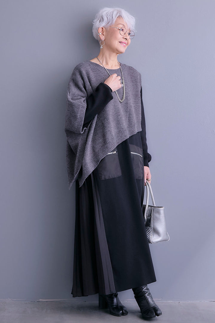 【SET】ケープライクアシンメトリーニットベスト+ZIPポケットサイドプリーツニットワンピース(2set)