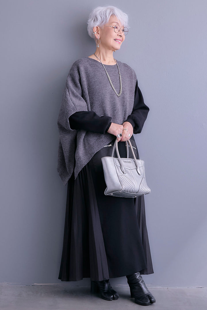 【SET】ケープライクアシンメトリーニットベスト+ZIPポケットサイドプリーツニットワンピース(2set)