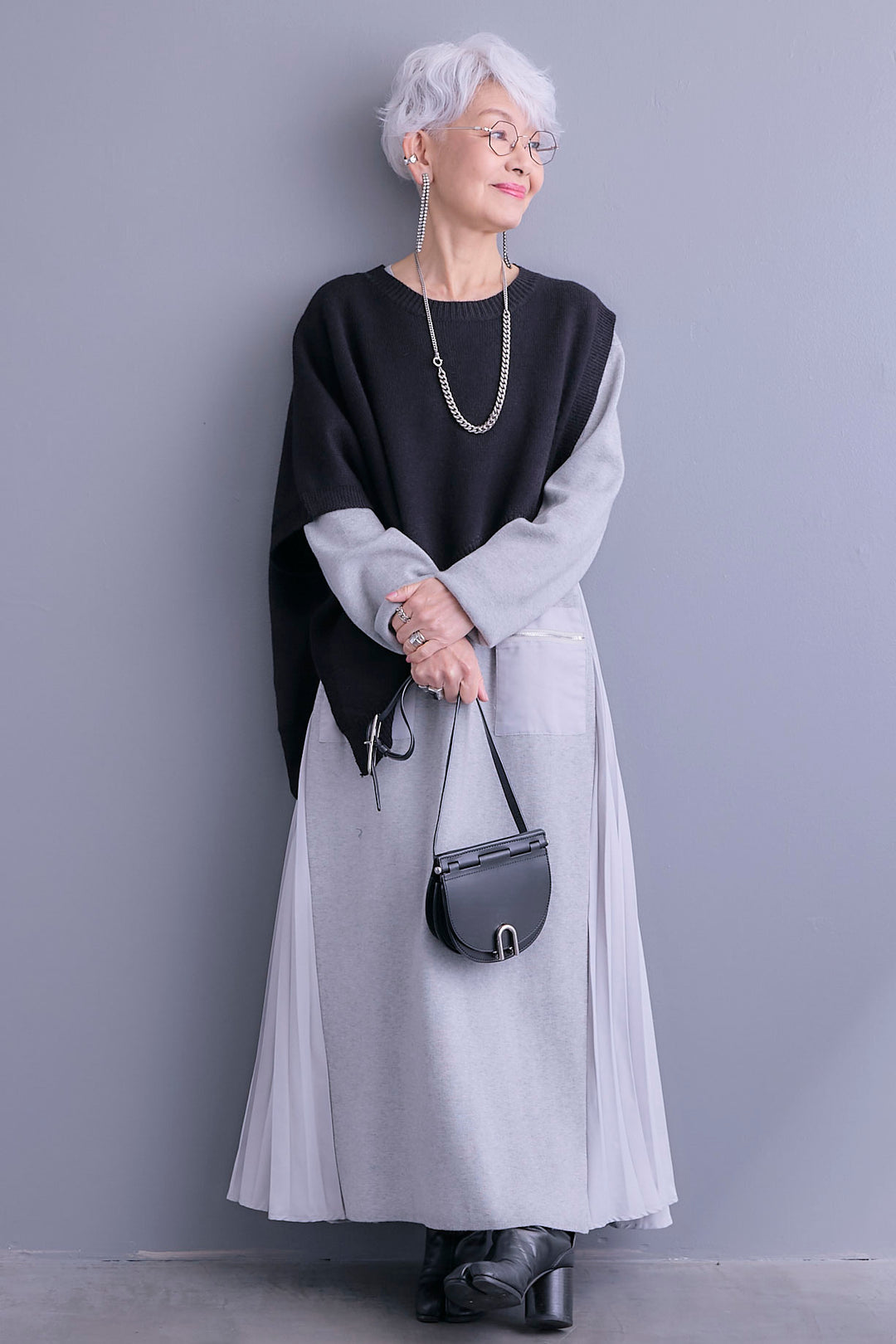 【SET】ケープライクアシンメトリーニットベスト+ZIPポケットサイドプリーツニットワンピース(2set)