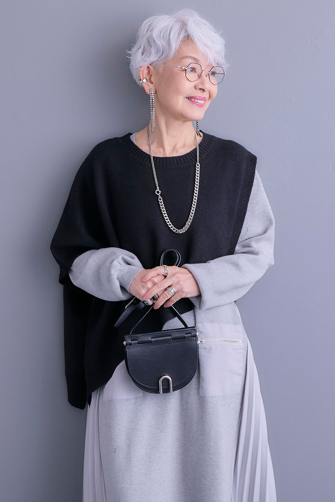 【SET】ケープライクアシンメトリーニットベスト+ZIPポケットサイドプリーツニットワンピース(2set)