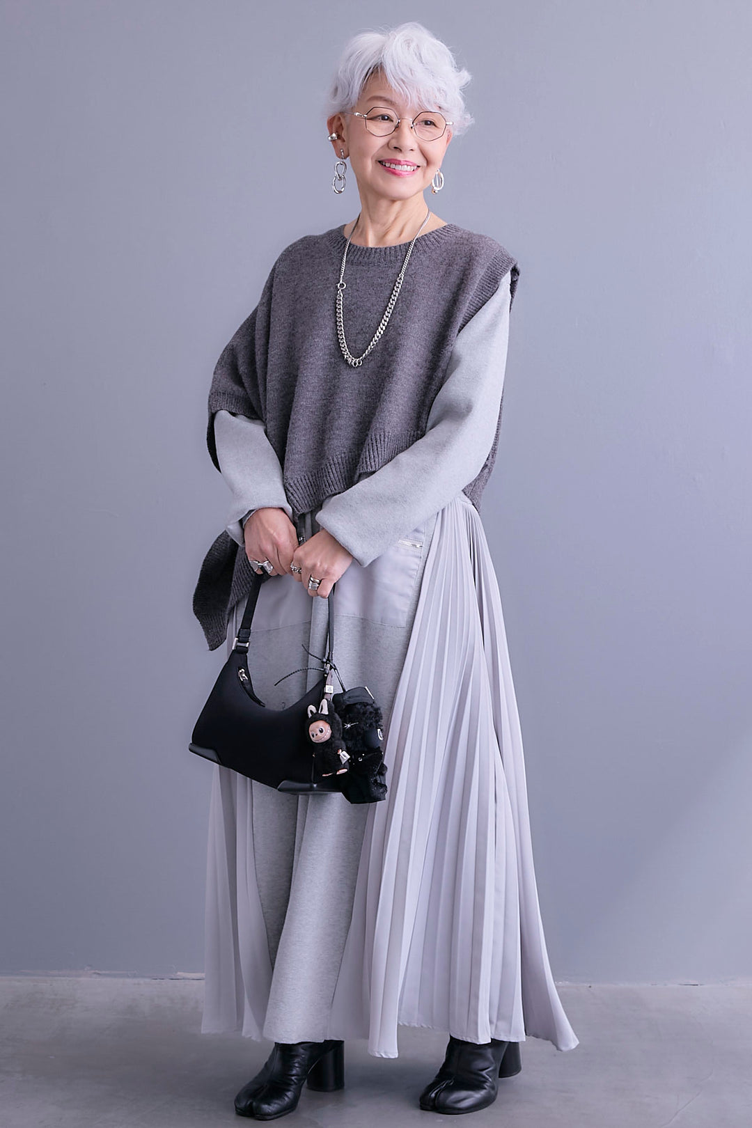 【SET】ケープライクアシンメトリーニットベスト+ZIPポケットサイドプリーツニットワンピース(2set)