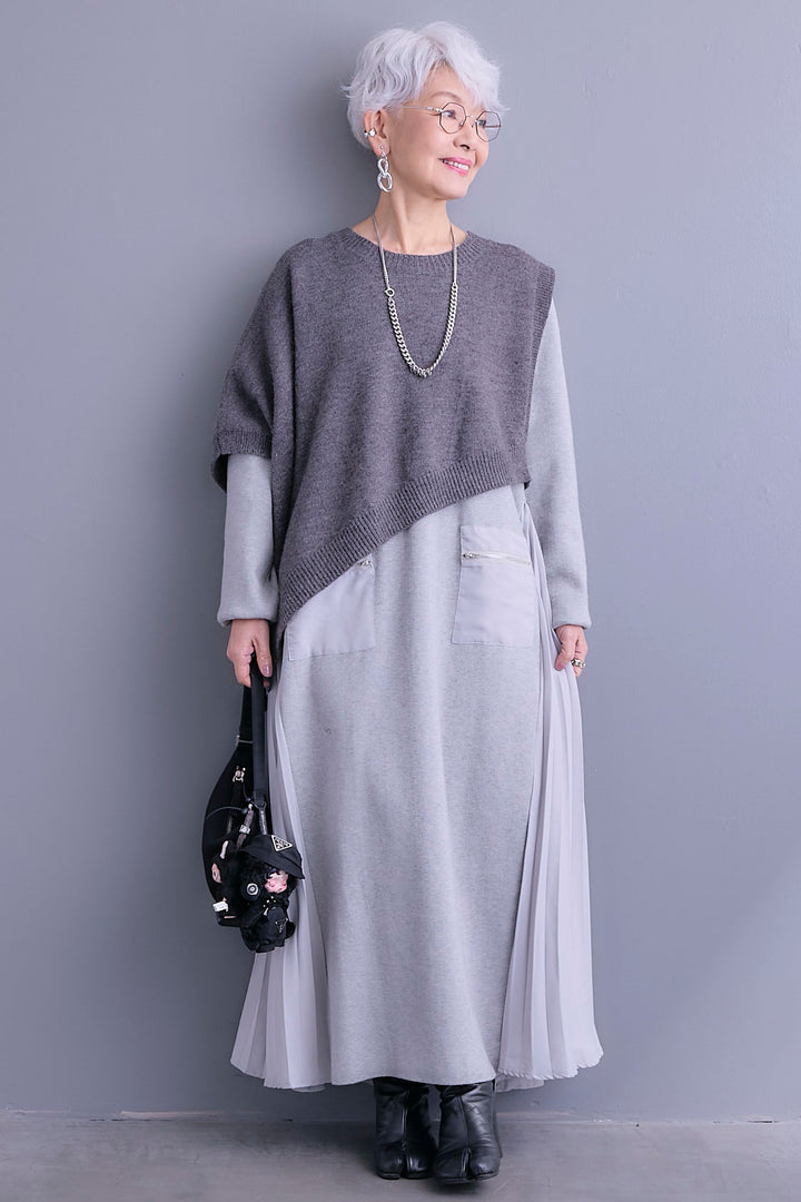 【SET】ケープライクアシンメトリーニットベスト+ZIPポケットサイドプリーツニットワンピース(2set)