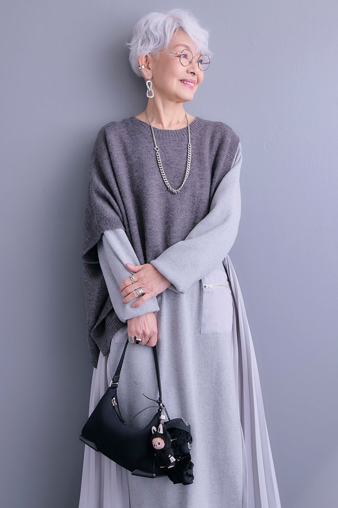 【SET】ケープライクアシンメトリーニットベスト+ZIPポケットサイドプリーツニットワンピース(2set)