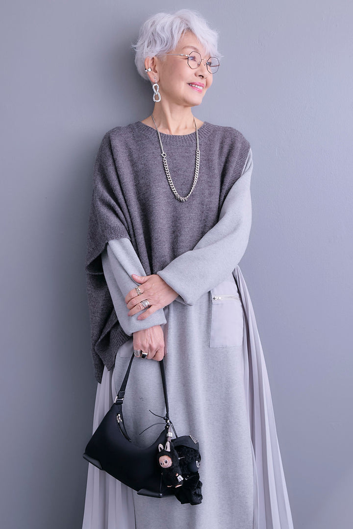 【SET】ケープライクアシンメトリーニットベスト+ZIPポケットサイドプリーツニットワンピース(2set)