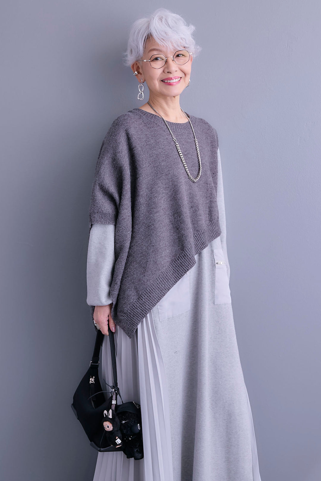 【SET】ケープライクアシンメトリーニットベスト+ZIPポケットサイドプリーツニットワンピース(2set)