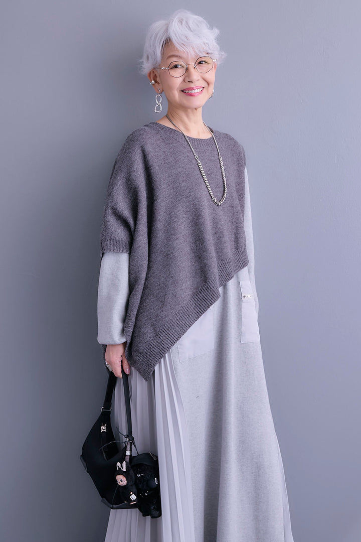 【SET】ケープライクアシンメトリーニットベスト+ZIPポケットサイドプリーツニットワンピース(2set)