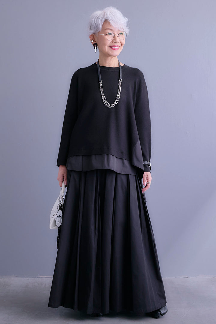 【SET】アシンメトリードレープレイヤードニット+シャークスキンWタックプリーツスカート(2set)