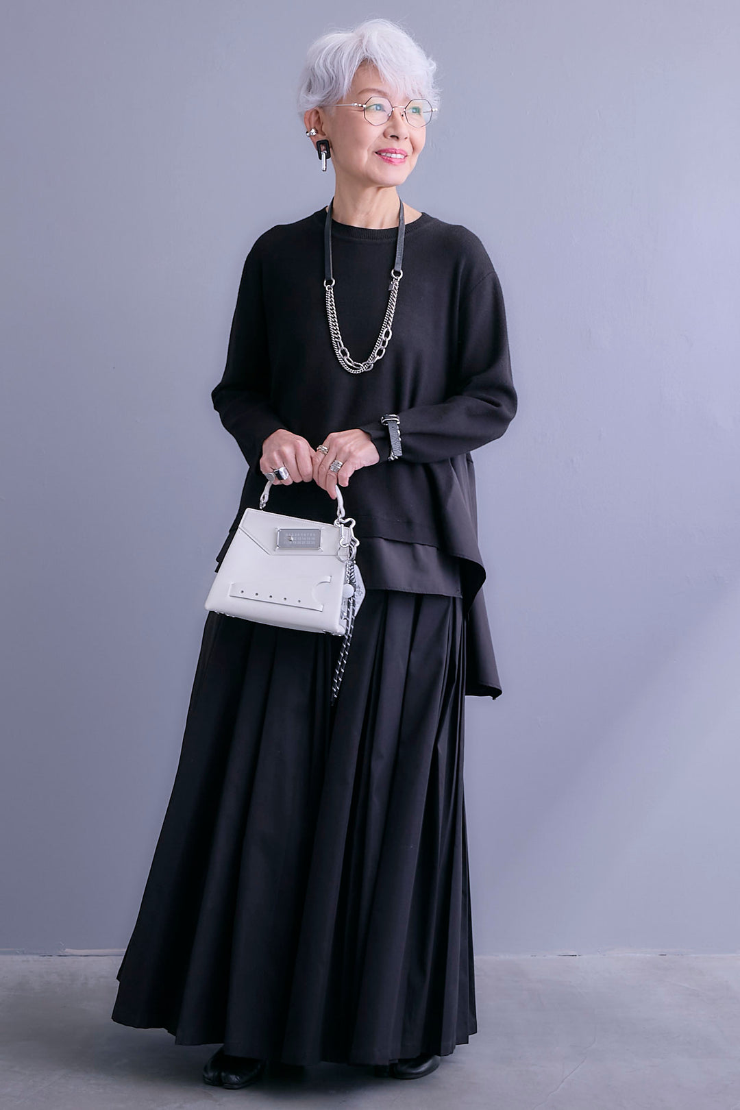 【SET】アシンメトリードレープレイヤードニット+シャークスキンWタックプリーツスカート(2set)