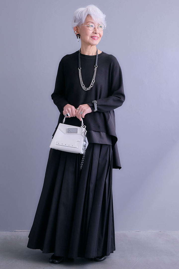 【SET】アシンメトリードレープレイヤードニット+シャークスキンWタックプリーツスカート(2set)