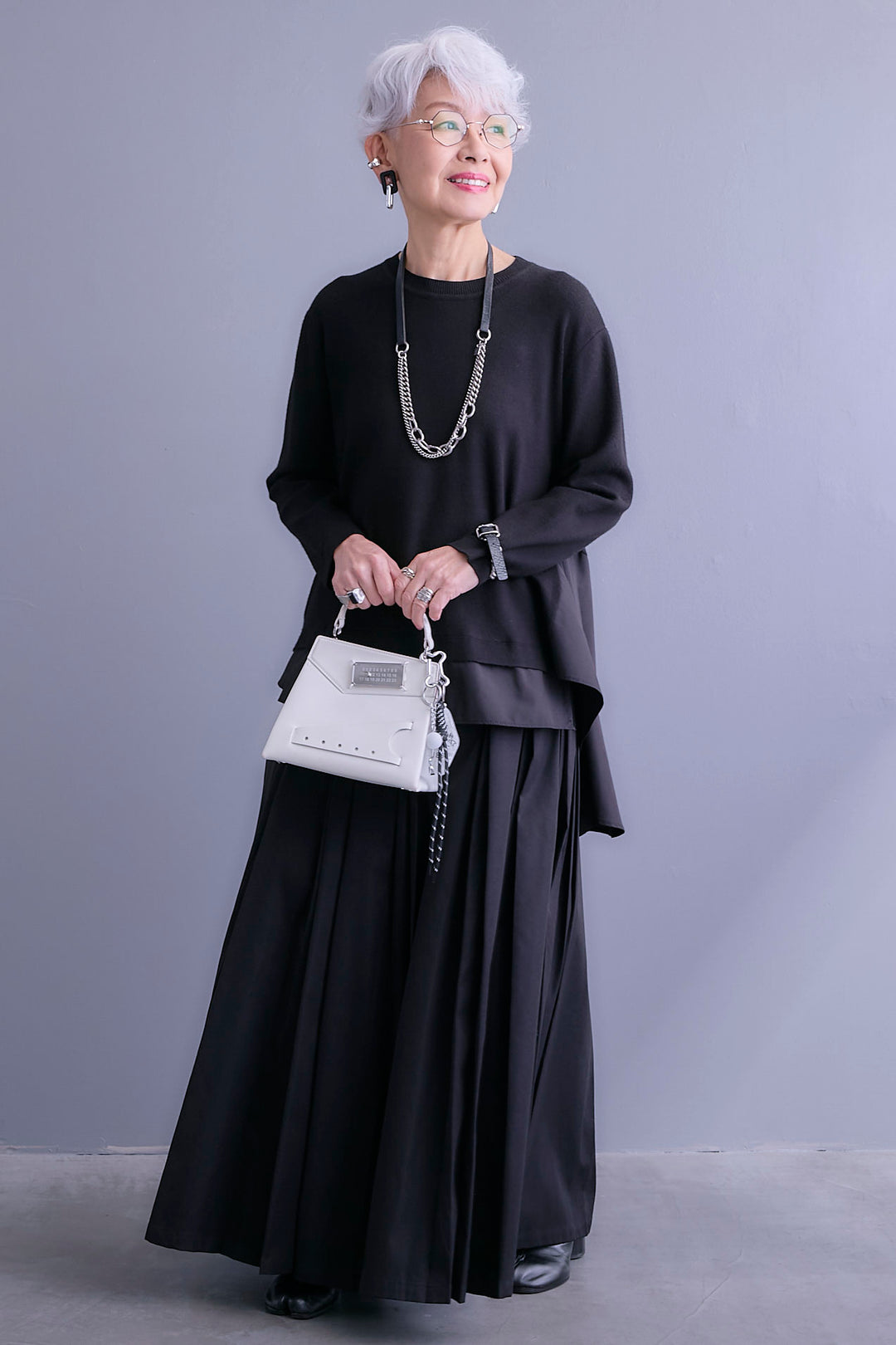 【SET】アシンメトリードレープレイヤードニット+シャークスキンWタックプリーツスカート(2set)