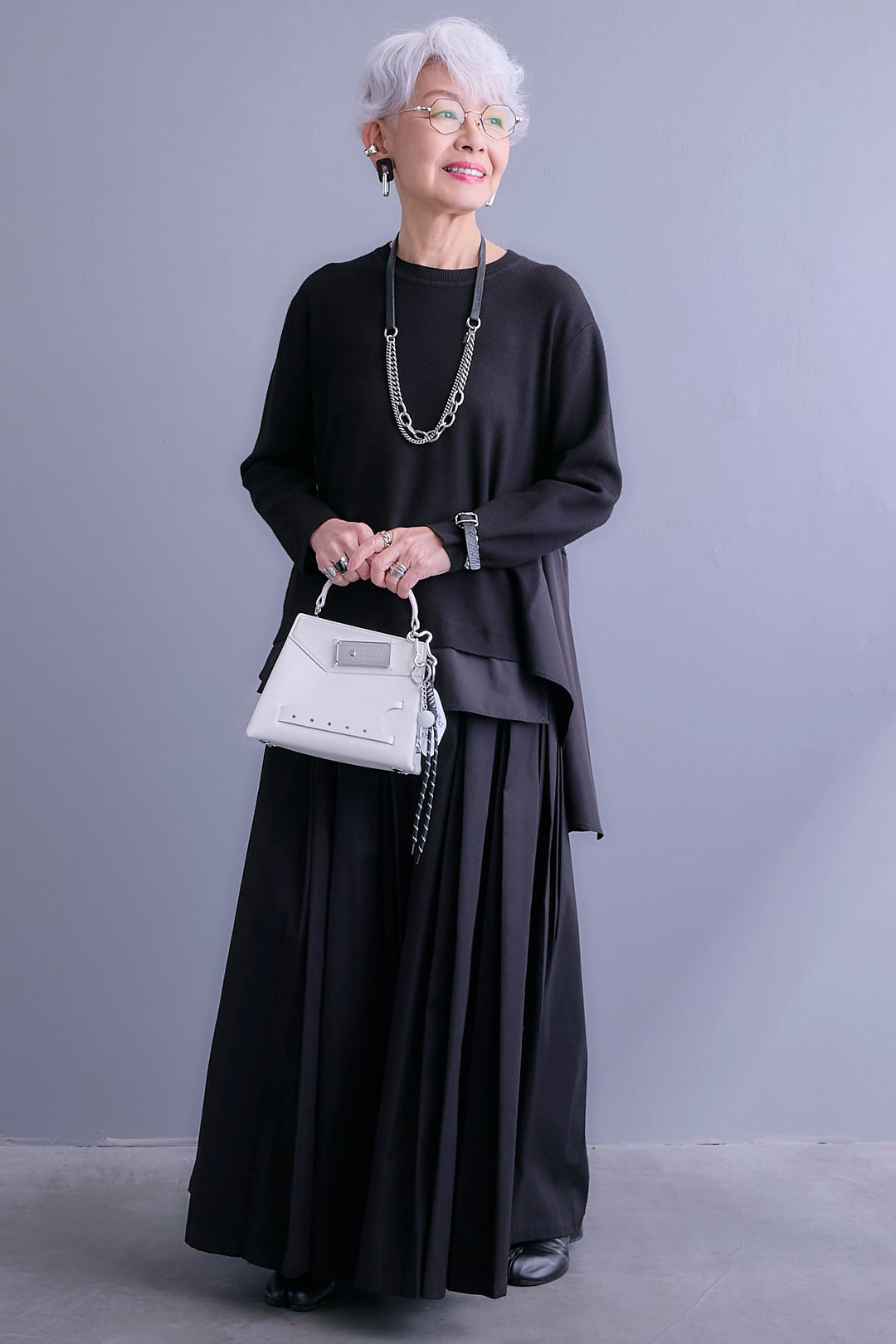 【SET】アシンメトリードレープレイヤードニット+シャークスキンWタックプリーツスカート(2set)