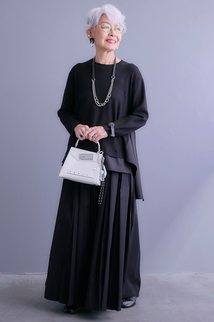 【SET】アシンメトリードレープレイヤードニット+シャークスキンWタックプリーツスカート(2set)